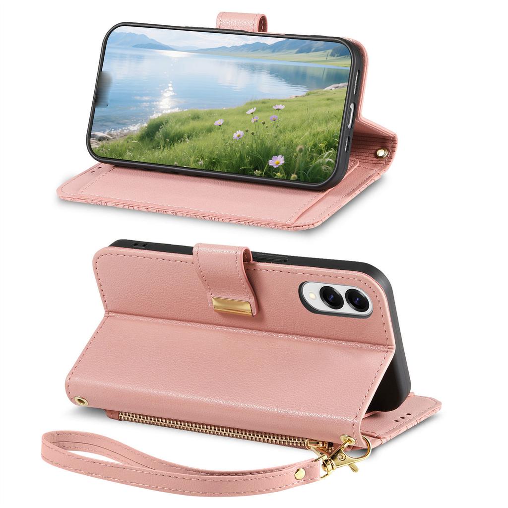 For Samsung Galaxy S25 Kantdeksel Blomstermønster Flere Kortplasser Glidelås Skinn Telefondeksel med Håndleddsstropp