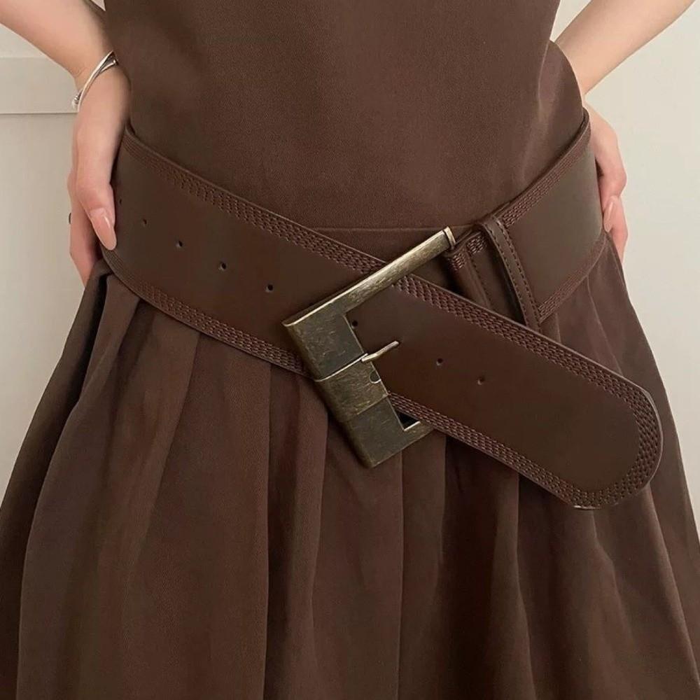 Y2K Wide Waist Belt Solid Color PU Leather Waistbands Retro Metal Buckle Wide Belt Woman