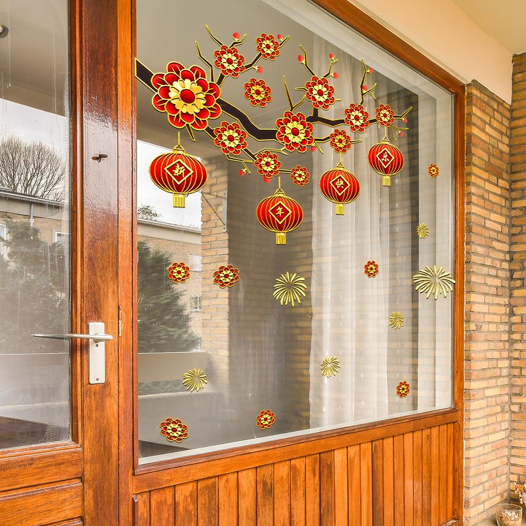 Da16001 New Year'S Theme Window Sticker Bronzing Lantern Flower Fireworks Creative Decoration Visual Static Glass Sticker