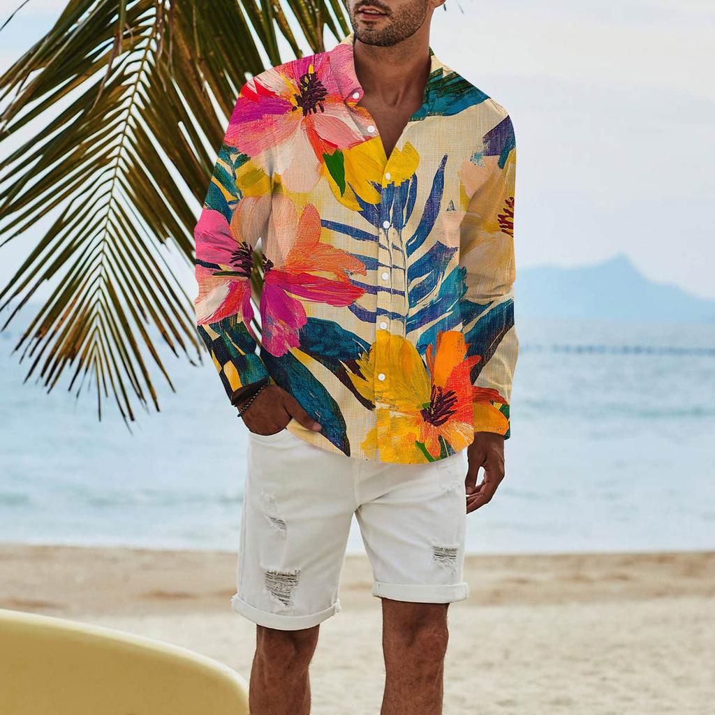 Men's Fashion Long Sleeve Printed Casual T Shirt Button Regular Fit Shirt Top