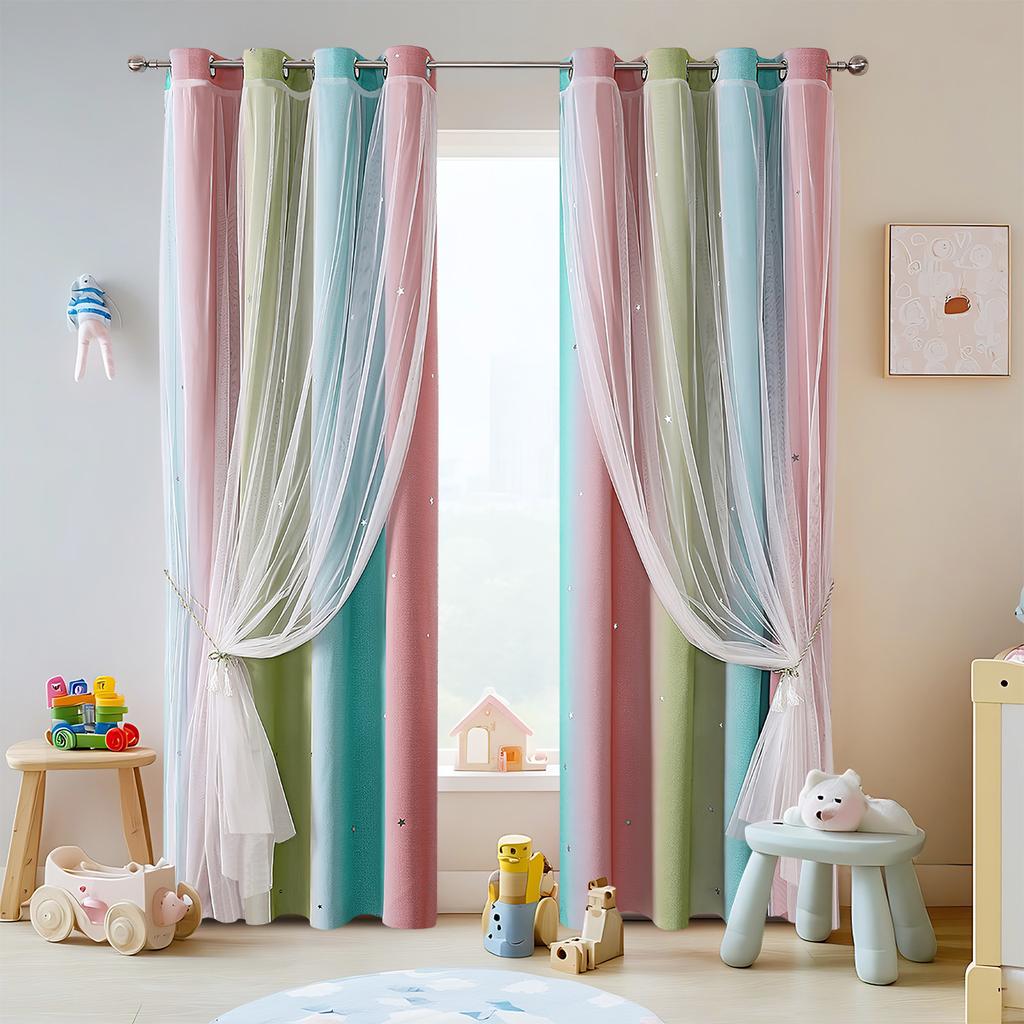 2025Gradient Striped Curtains Double Layer Curtains Blackout Sheer Curtains Perforated Curtains