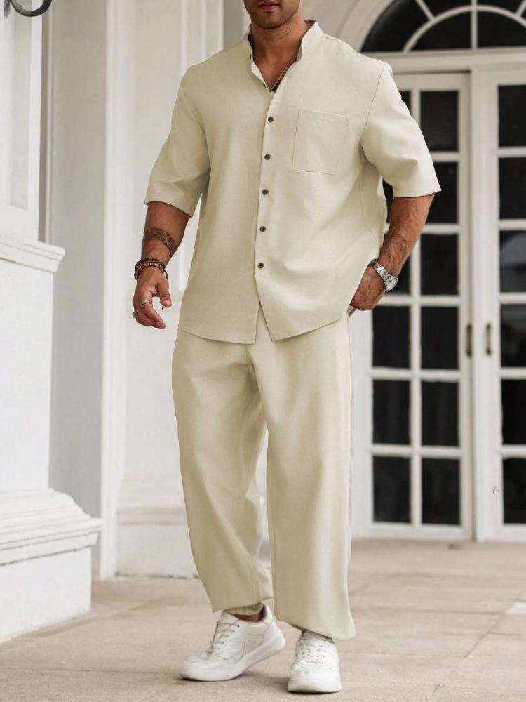 Men's Cotton and Linen Casual Button Up Shirt, Short Sleeved Pants, Solid Color Casual Suit