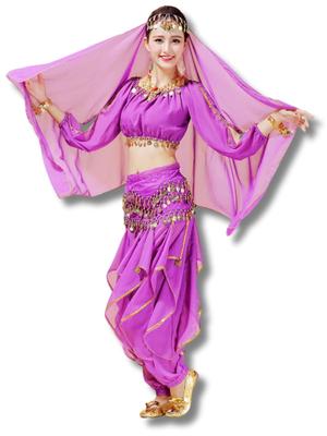 [JAPANDIPITY] Belly Dance Costume, Long Sleeves & Pants, 4-Piece Set, Cosplay, Aladdin, Halloween Costume (Purple)