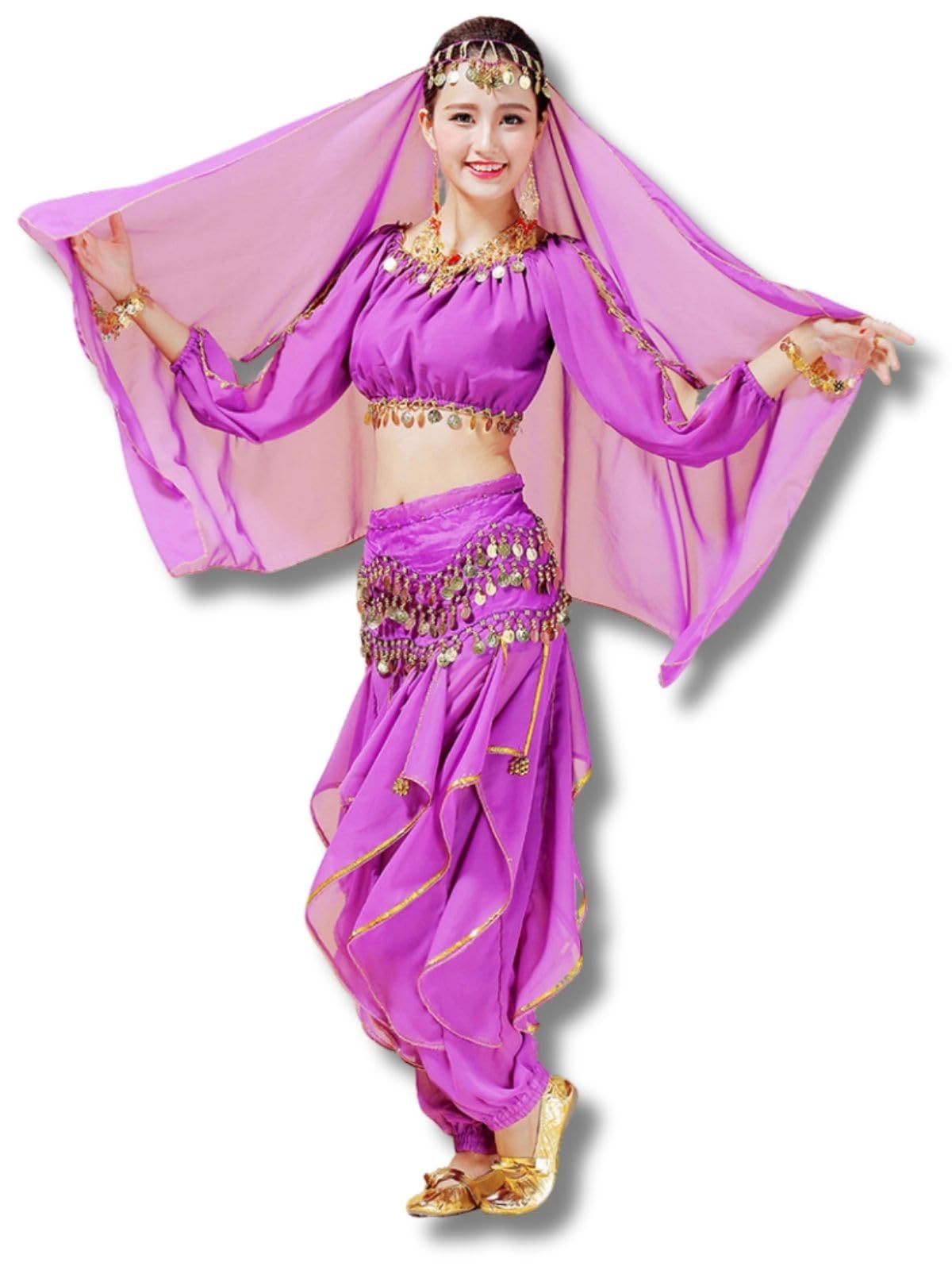 

Костюм для танца живота JAPANDIPITY, с длинными рукавами и брюками, набор из 4 предметов, костюм Аладдина на Хэллоуин (фиолетовый)