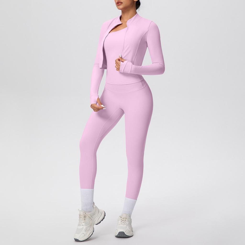 Cloud-like Quick-dry Zipper Jacket & High-waisted Yoga Suit - 3pc Outdoor Running Fitness Set