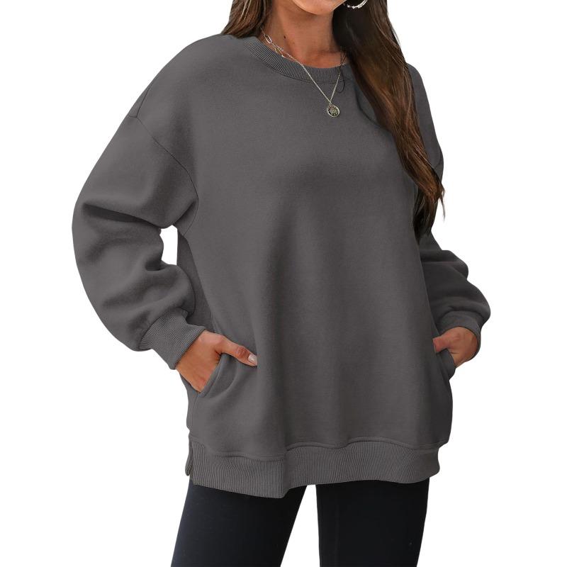 Fleece thickened pocket sweater women, loose round neck clothes in autumn and winter