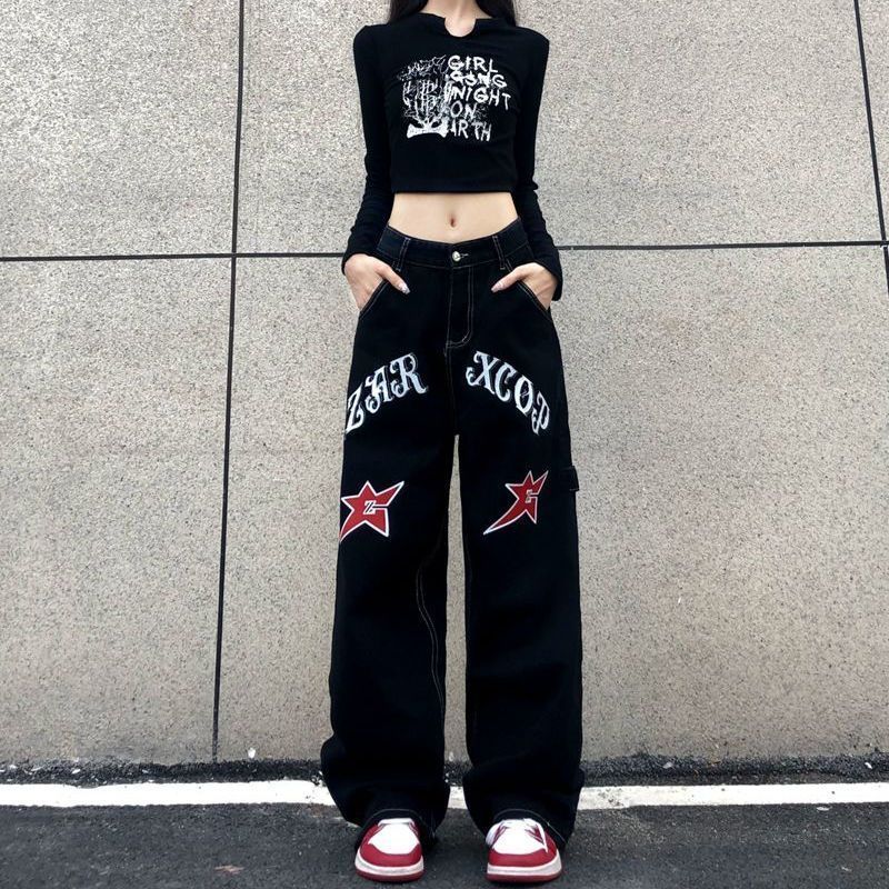 Dame Y2K Streetwear Vintage brede ben jeans Stjerner Brevtrykk Uformelt vår Høst Mote Harajuku løse rette bukser