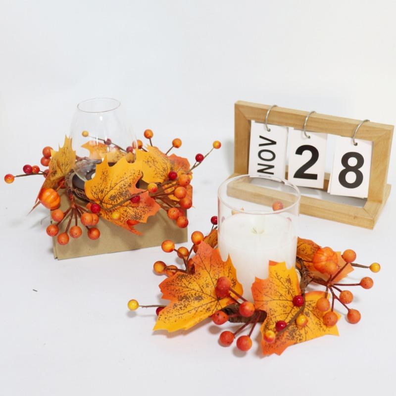 Halloween Candle Ring with Pumpkin  Maple Leaves Plastic Harvest Wreath Decor for Thanksgiving Fall Party Desktop Decoration