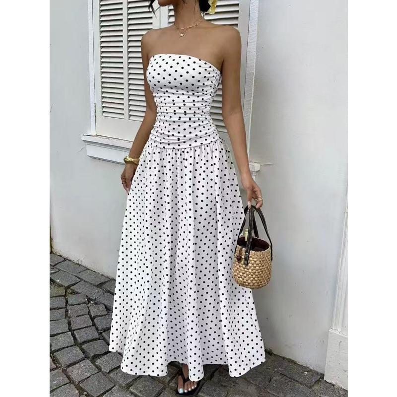 2026 Summer Off Shoulder Polka Dot Dress New Sexy Elegant Strapless Waist-cinching Slim Fit A-line Party Evening Dress Sweet Pleat Fashion Clothing