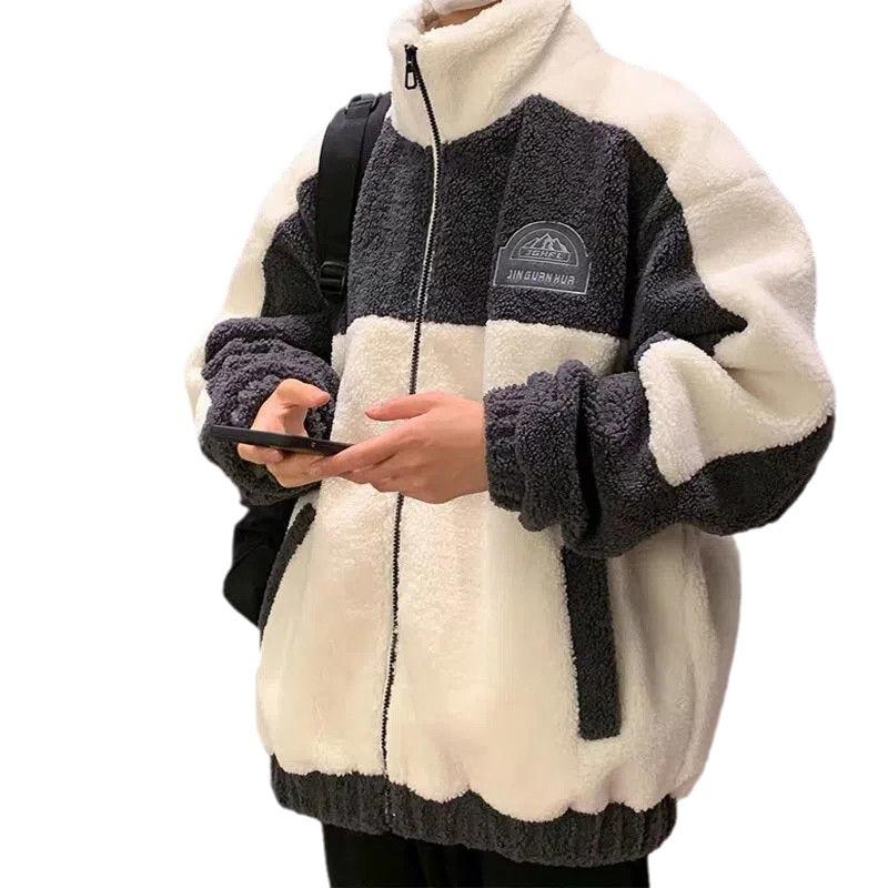 Men's Autumn and Winter Loose Lapel Colorblocking Jacket Youth Long Sleeve Casual Top