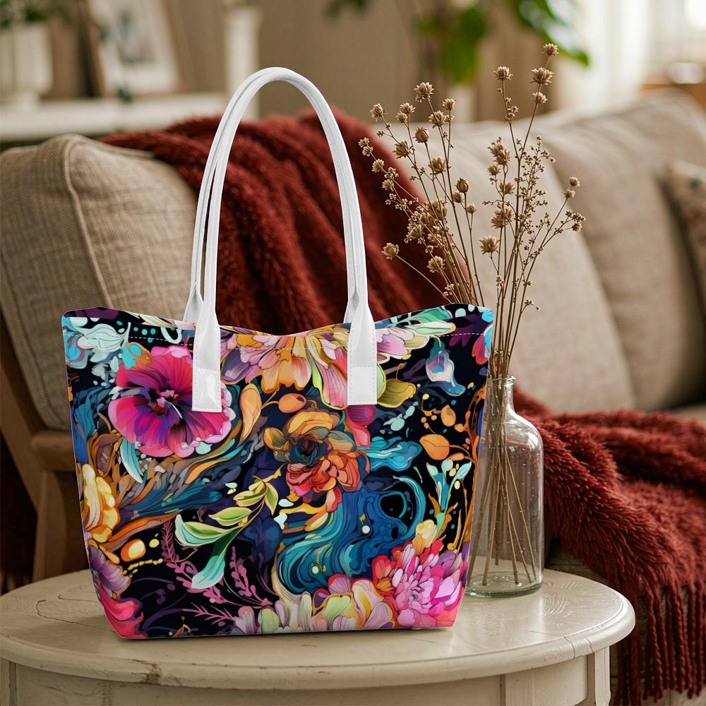 Fashion Floral Print Casual Tote Bag Lightweight Large Capacity Portable Shoulder Bag for Daily Shopping Outdoor Use