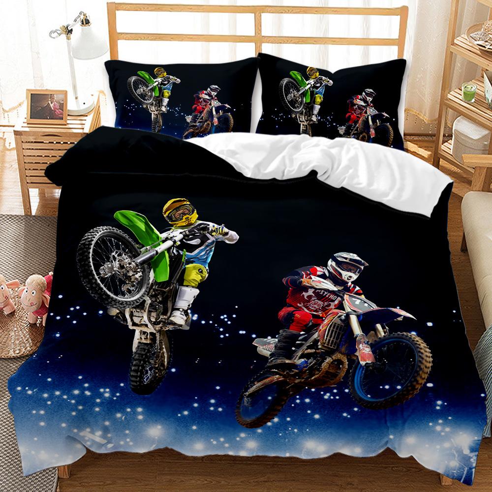 Motocross Rider Bedding Set Extreme Sports Themed Duvet Cover For Teens Motorcycle Pattern Comforter Cover Dirt Bike Duvet Cover