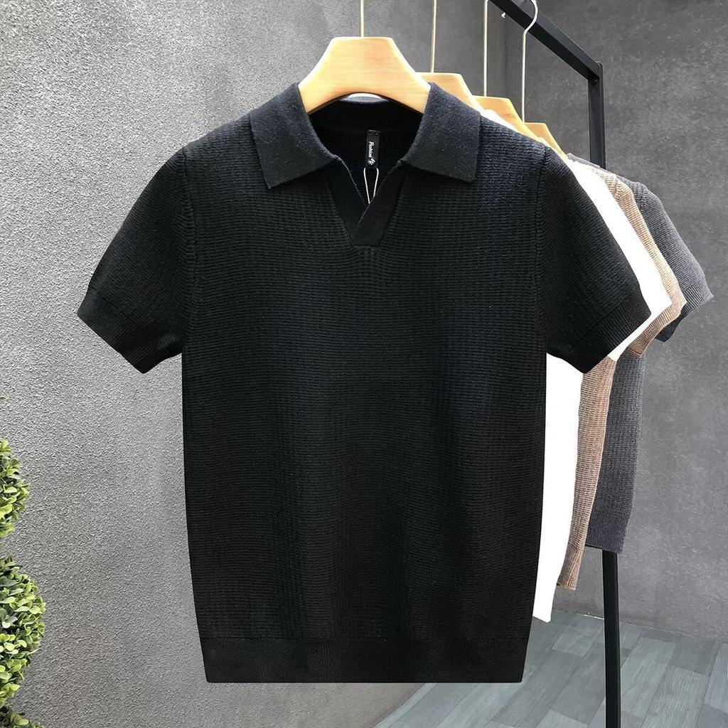 Hoogwaardige polo trui met korte mouwen, heren slim fit gebreide basislaag met revers