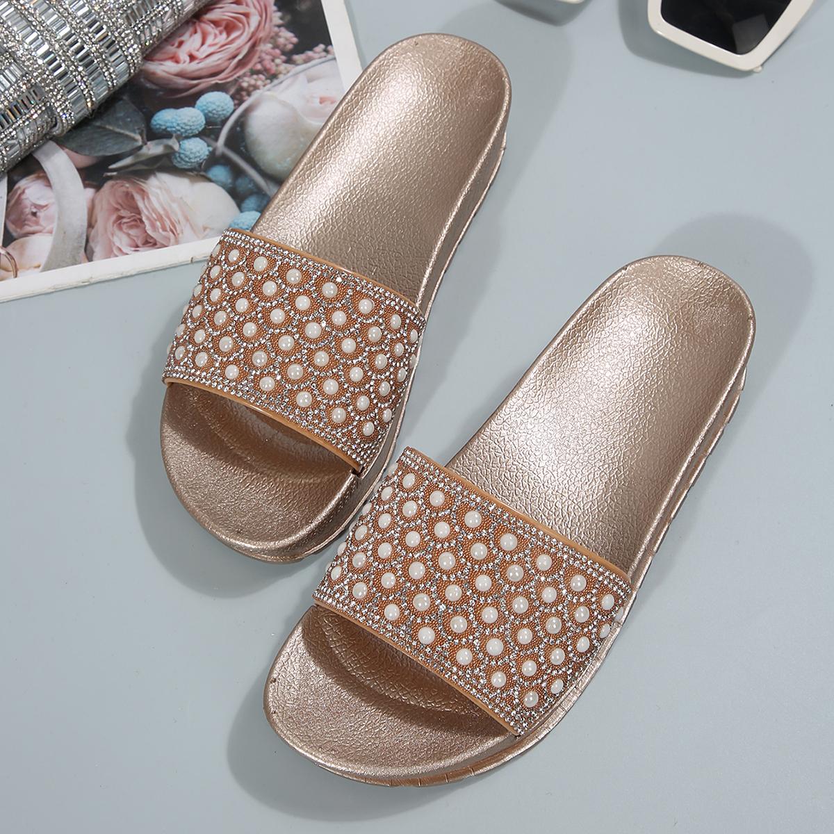 

Женские тапочки с открытым носком, инкрустированные жемчугом, простые модные повседневные тапочки, новые летние туфли для прогулок на пляже 41