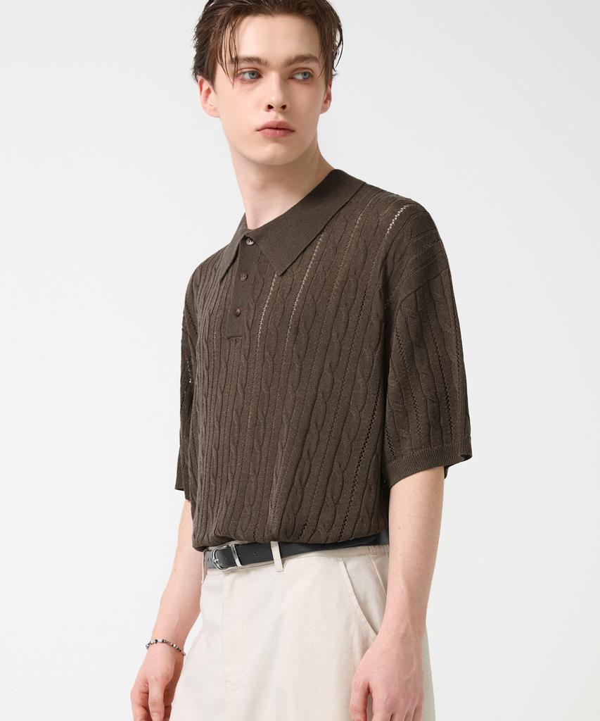 TRILLION Washable Resort Cable Collar Short Sleeve Knit_Brown