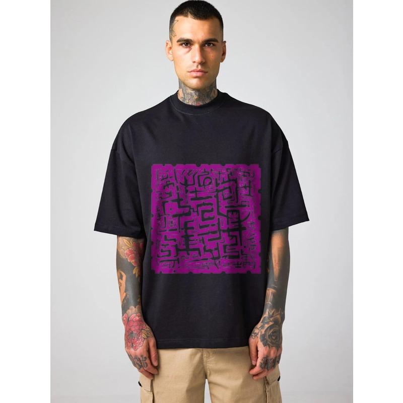 

White T-Shirt with Purple Chinese Calligraphy Pattern Casual Streetwear for Men and Women XXXXL чёрный