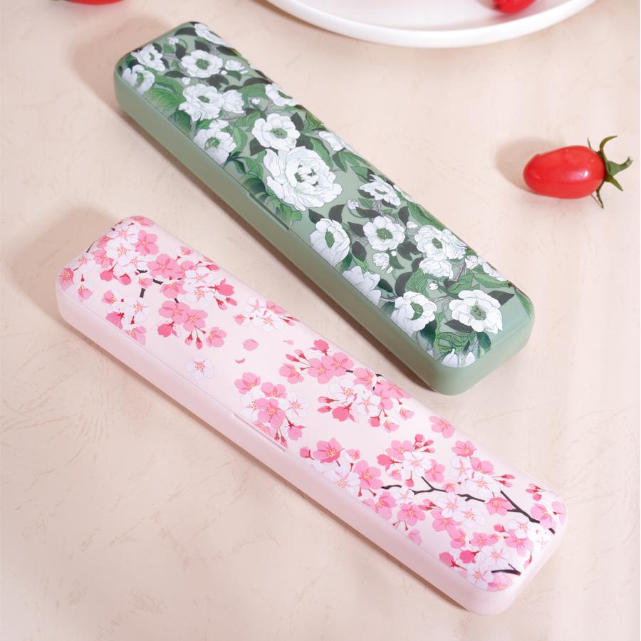 304 Stainless Steel Portable Cutlery Set Japanese Style Dinnerware Fork Spoon Chopsticks Set Magnetic Box With Cherry Pattern