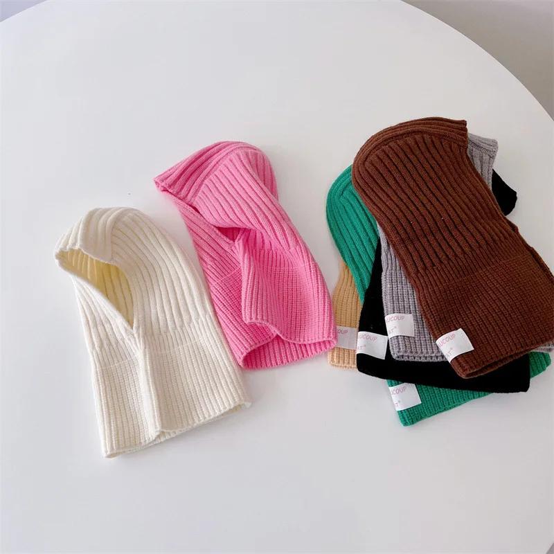 Gestrickte Baby Mütze Kapuzenschal Warm Einfarbig Einteiliger Schal Winter Kinder Kleinkind Jungen Mädchen Mützen