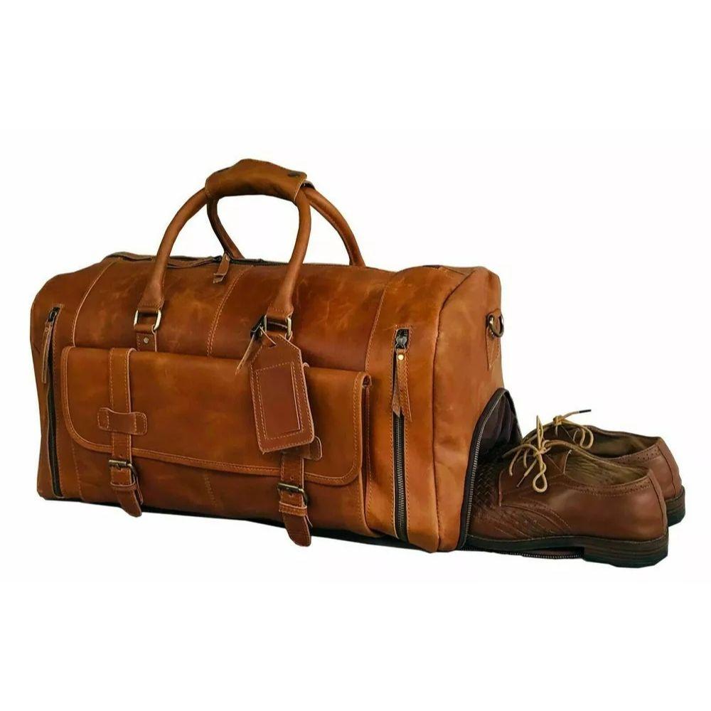 Handmade Full Grain Leather Duffle Bag with Shoe Compartment Bag