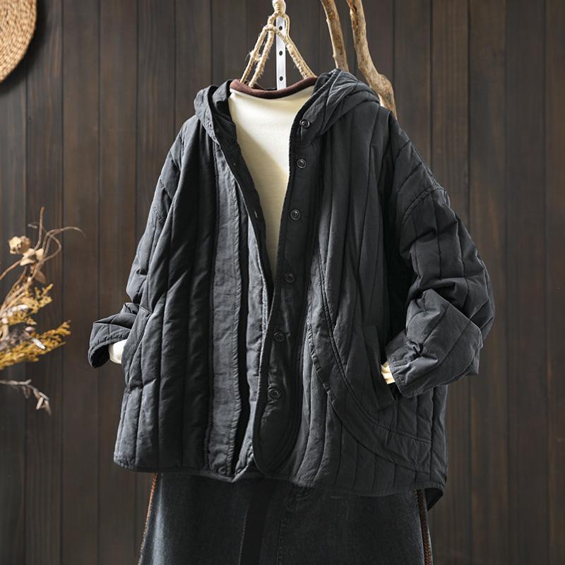 Women's Retro Winter Quilted Cotton Jacket with Hood, Vertical Stripes, Loose Fit, Petite Size, Warm & Thick Design