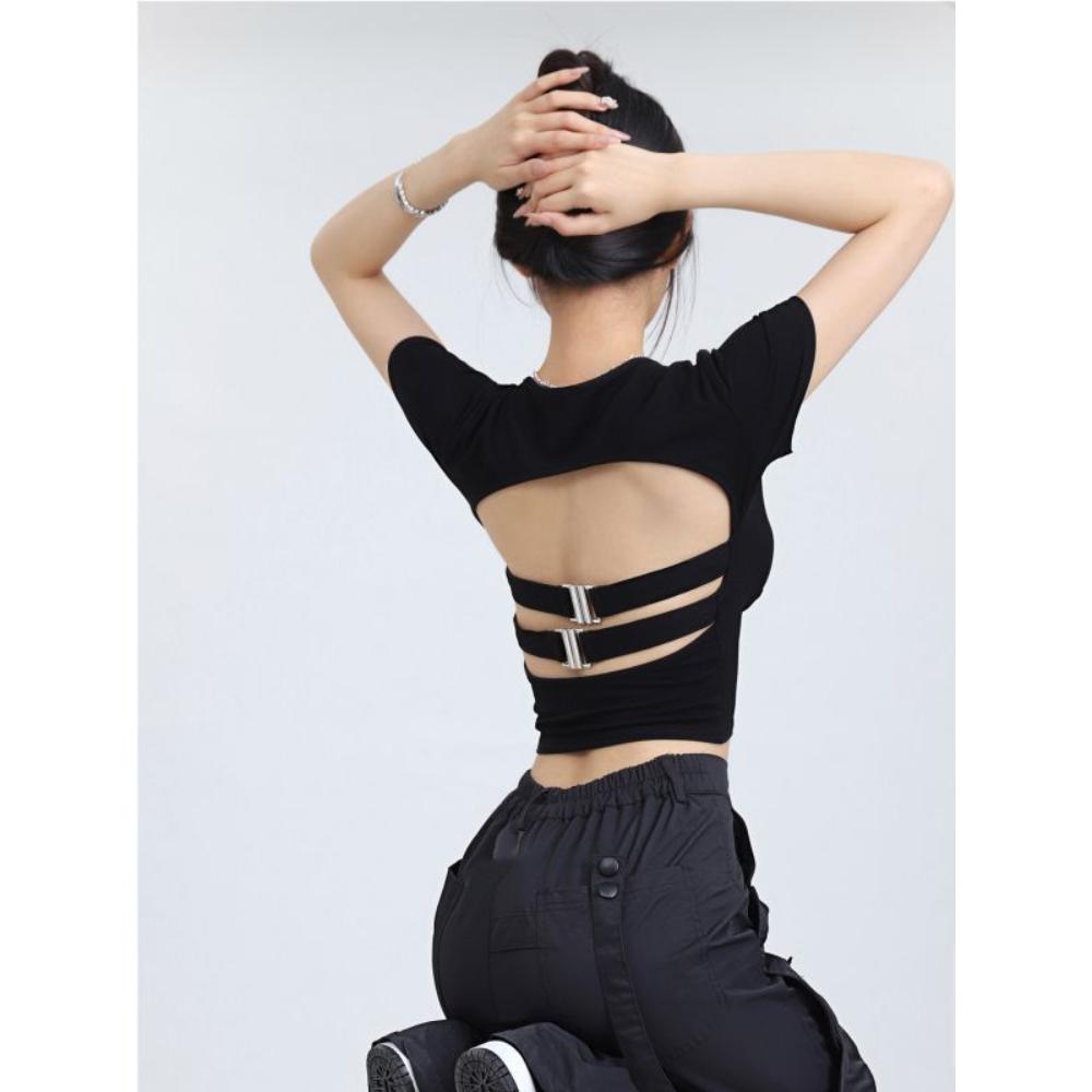 

Женская летняя футболка с квадратным вырезом, открытой спиной и короткими рукавами, короткого дизайна, облегающий модный топ XL чёрный