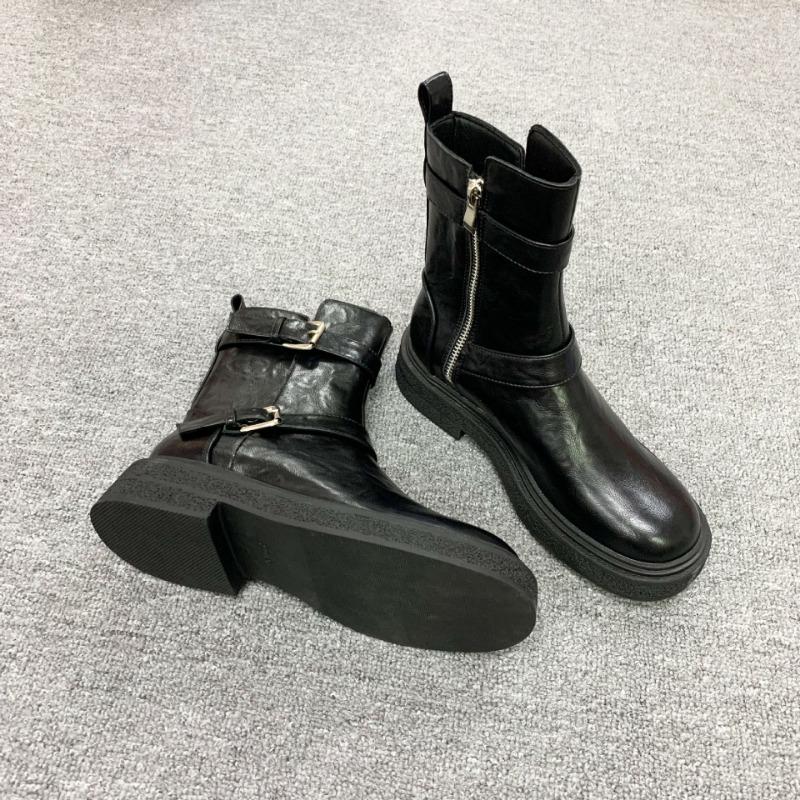 ! Shoes Washed Shrinkage Horse Leather Buckle Side Zipper Coarse Heel Martin Short Boots Women's Autumn