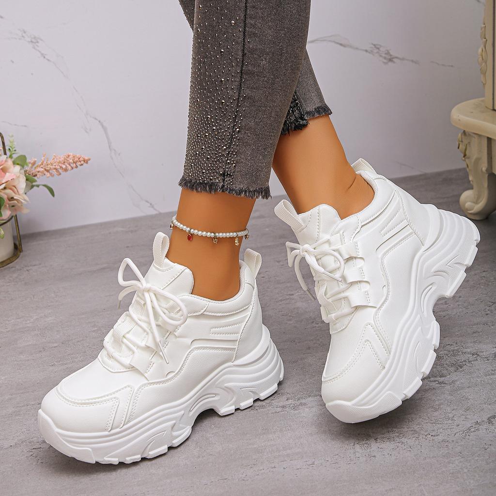 Women's Chunky Sneakers White Black Leather Platform Sneakers for Women Height-increasing Shoes Thick Sole Casual Shoes Woman