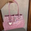 Light Luxury Crocodile-print Handbag For  Girls Pink Heart Pattern Shoulder Bag Trendy High-grade Large Capacity Commuter Bag