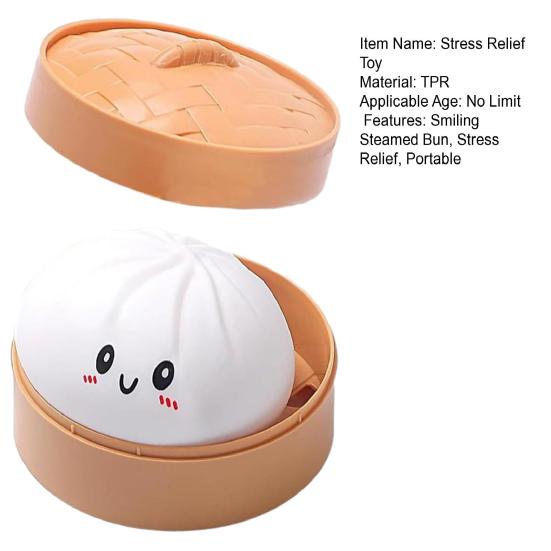 Smiling Steamed Bun Stress Ball with Steamer Anti-Anxiety Cartoon Dumpling Squeeze Toy Soft Simulated Dough Ball Fidget Sensory Toy