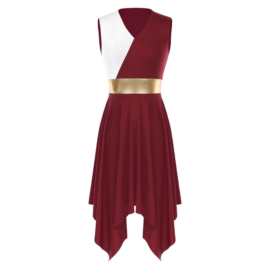Womens Party Dance Dress V Neck Sleeveless Color Block Patchwork Irregular Hem Performance Outfit