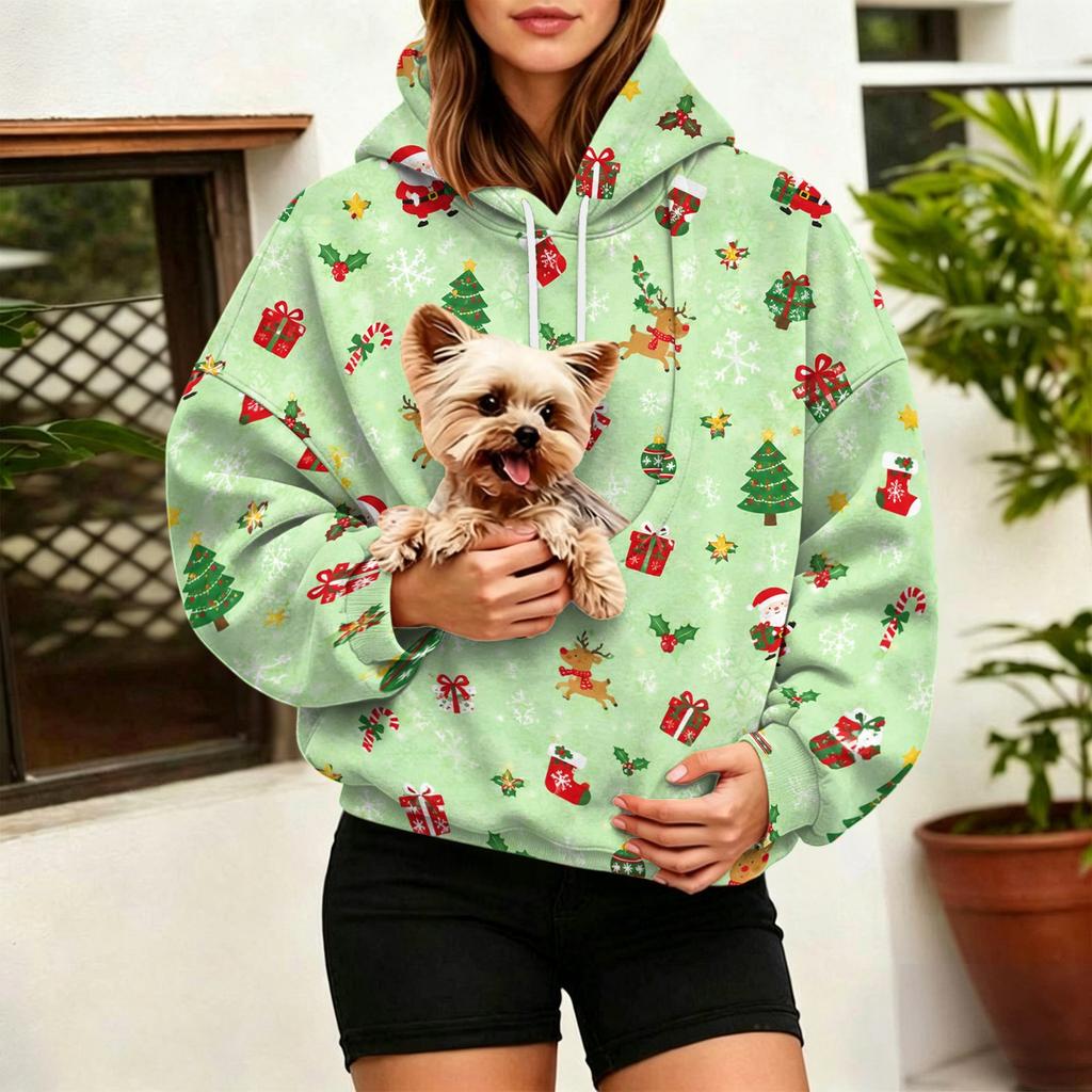 Women's Christmas Print Hoodie with Large Pet Pocket, Casual Long Sleeve Pullover Sweatshirt