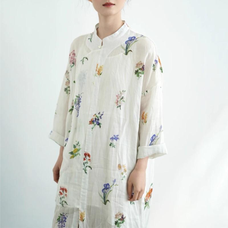 Johnature Women Vintage Print Floral Dresses Button Stand Long Sleeve White Spring Female Dress