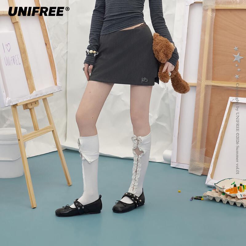 

UNIFREE 2026 Spring A-Line Mini Skirt with Lace Waist Trim M