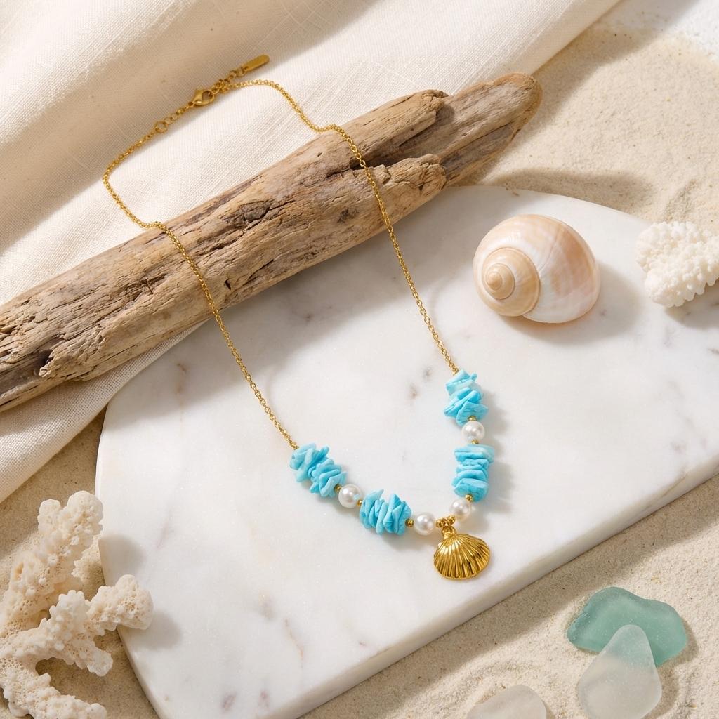 Summer Beach Shell Starfish Pendant Necklace For Women Multicolor Irregular Stone Pearl Scallop Choker Boho Vacation Jewelry