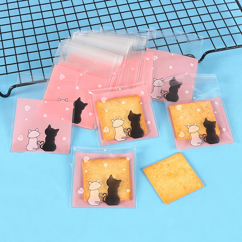 Xiaomi 100Pcs Cookie Bags Self-Adhesive Bags Pink Couple Cats Biscuits Candy Jewelry Gift Packaging Plastic Bag450000