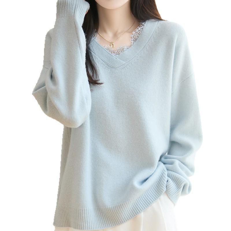 Women's Loose Fit Wool Pullover with Lace Trim & V-Neck – Thickened for Autumn/Winter