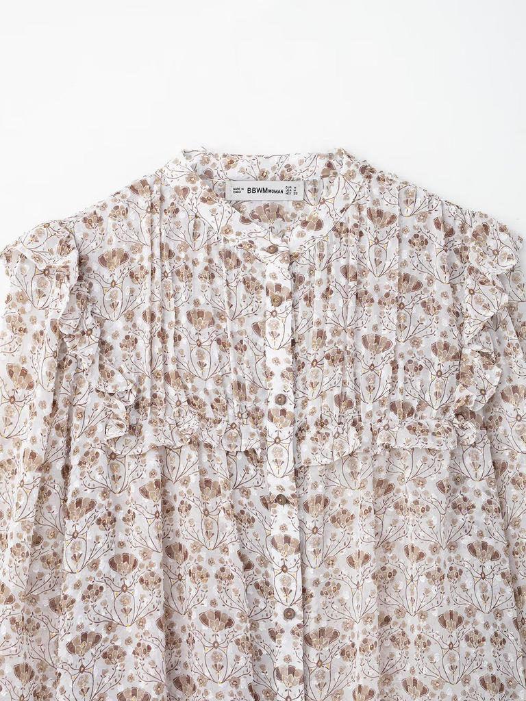 2025 Spring Women's European & American Style Tulle Print Long Sleeve Shirt