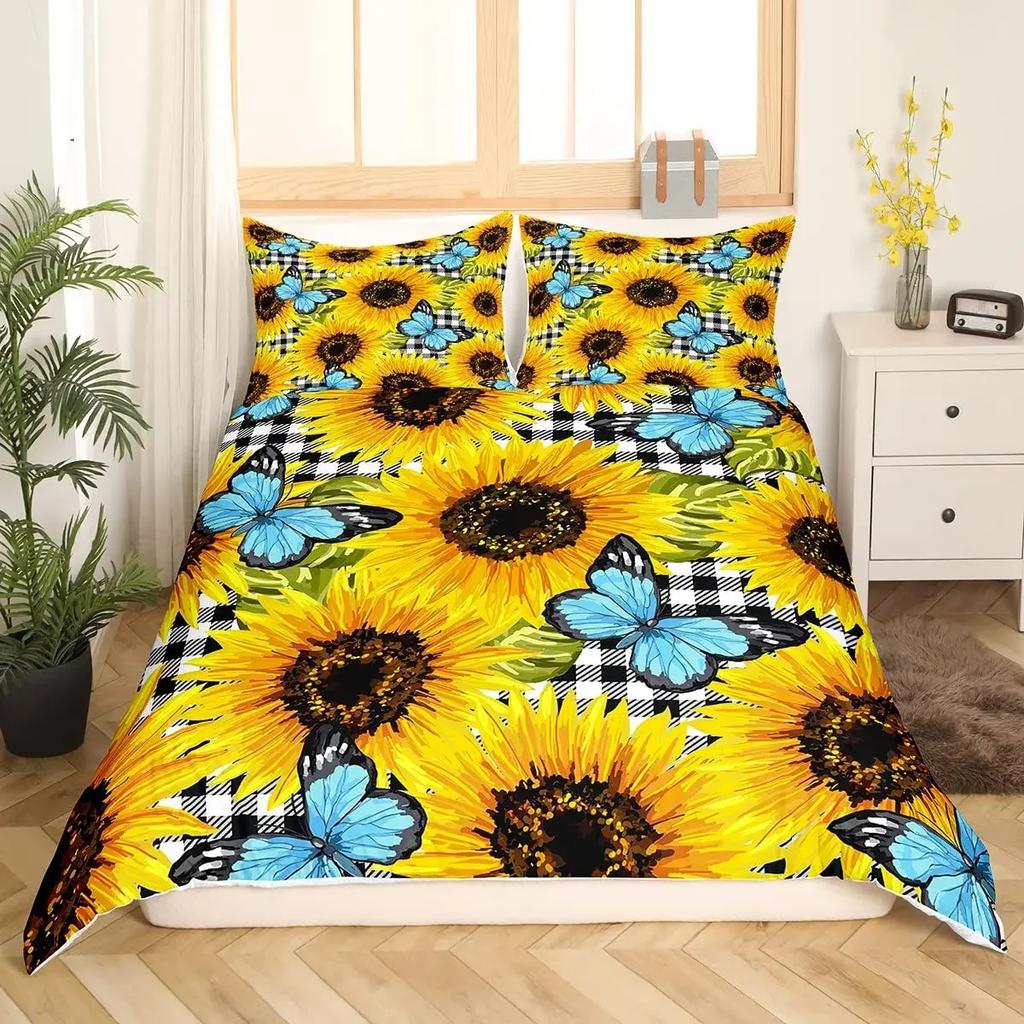 Sunflower Duvet Cover Set Yellow Flower Bedding Set Sunflower Botanical Floral Garden Bloom Print on Black Polyester Quilt Cover