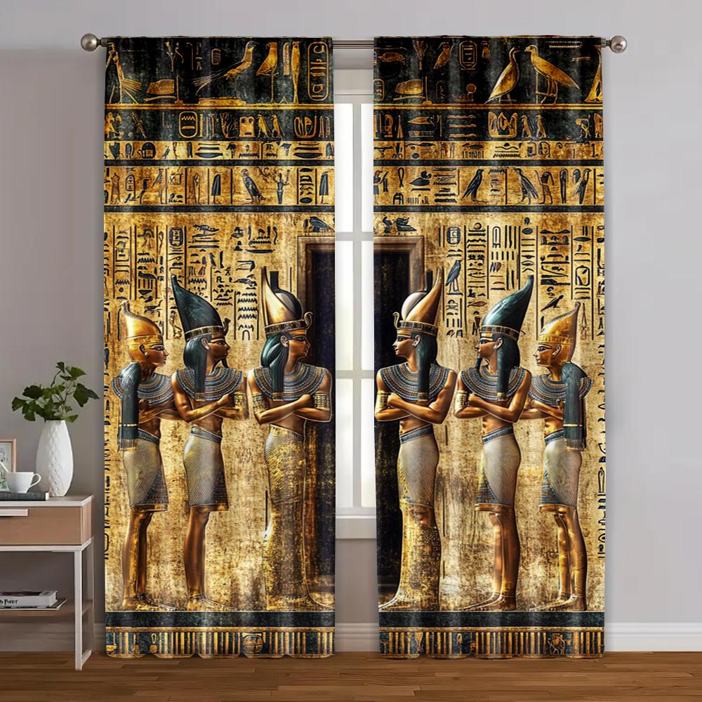 2pcs Curtains Roller Blinds Ancient Egyptian Mural Machine Washable Fabric Thermal Insulation Versatile 100% Polyester (without