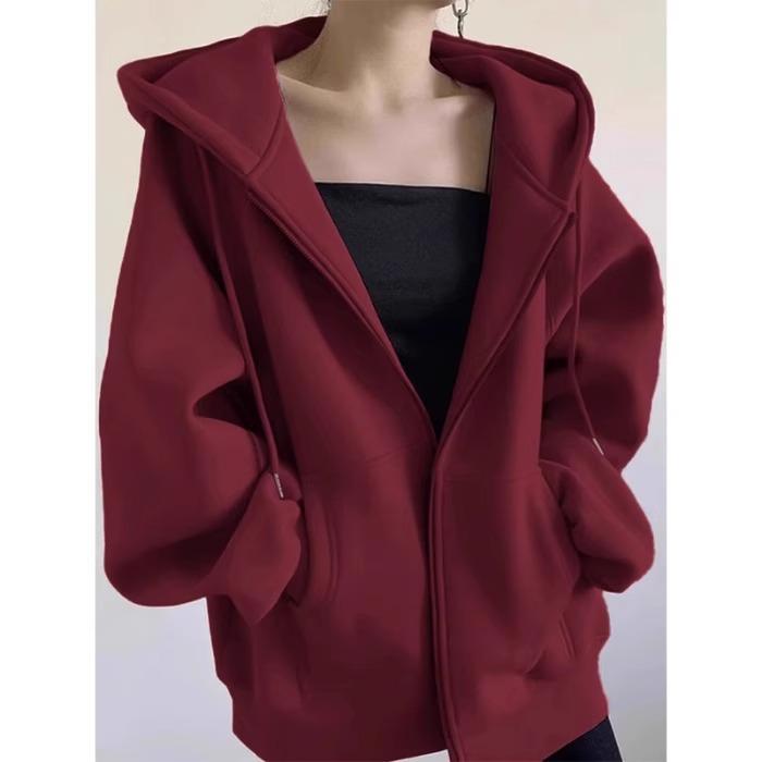 Solid Color Women's Hooded Fleece-Lined Cardigan Jacket - American Retro Lazy Style for 2025 Autumn/Winter
