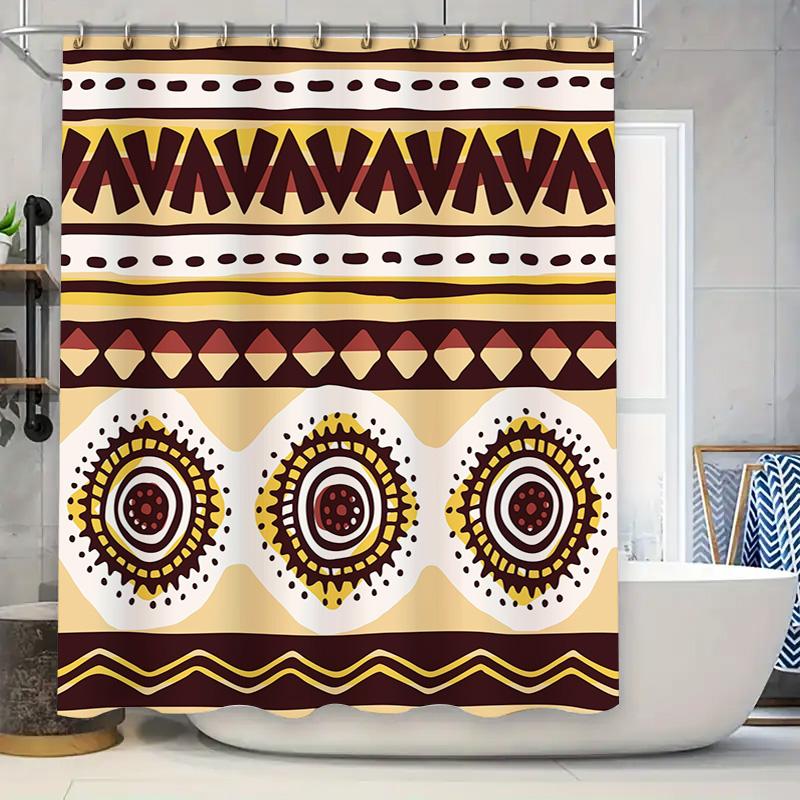 

Decorative Shower Curtain with African Print Design Modern Bath Rug Decoration, Rustic Decor, Dark Beige Color, Polyester Fabric 90x180cm