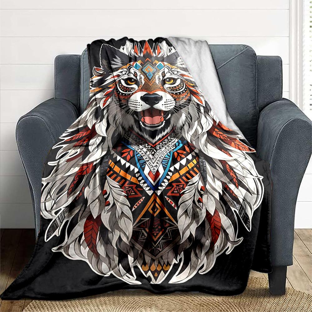 1pc Tribal Wolf Design Blanket Lightweight Blanket Throw Blanket For Sofa, Bed, Travel, Camping, Livingroom, Office, Couch, Chair yy251010073 100x150cm