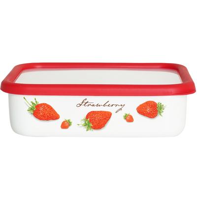 Fuji Enamel Storage Container, Shallow, Square, Large, Strawberry, with Lid, Stackable, Oven Safe