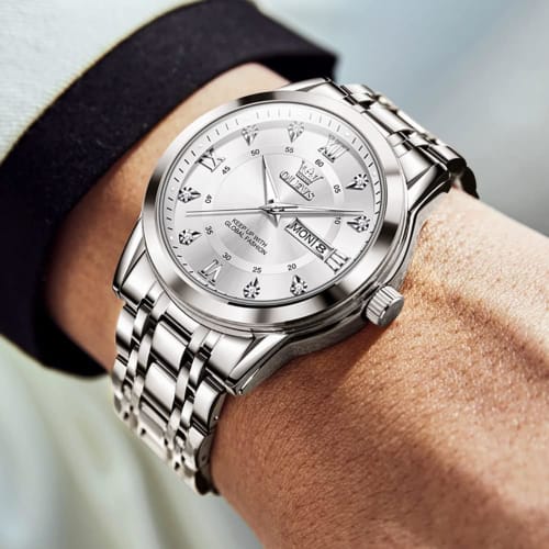 OLEVS Men's Silver Watch, Popular Quartz Movement, Calendar, Waterproof, Stainless Steel, Stylish Brand