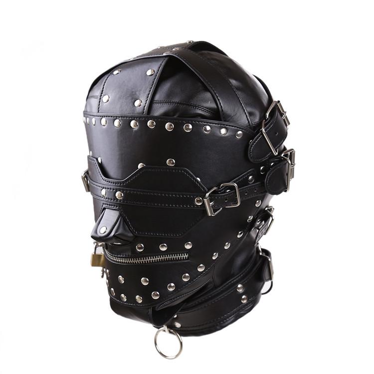 BDSM  Slave Fetish Sex Toys Adult Products Face Mask Headgear Leather Scattered Bronze Lock