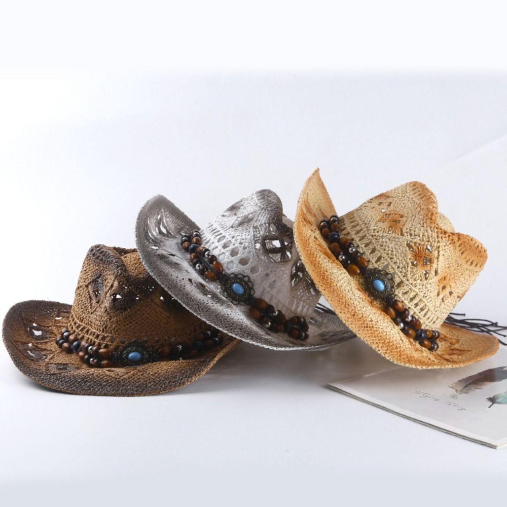 Beads Sunscreen Straw Hat Wide Brim Panama Cap Fashion Western Cowboy Hat  Outdoor