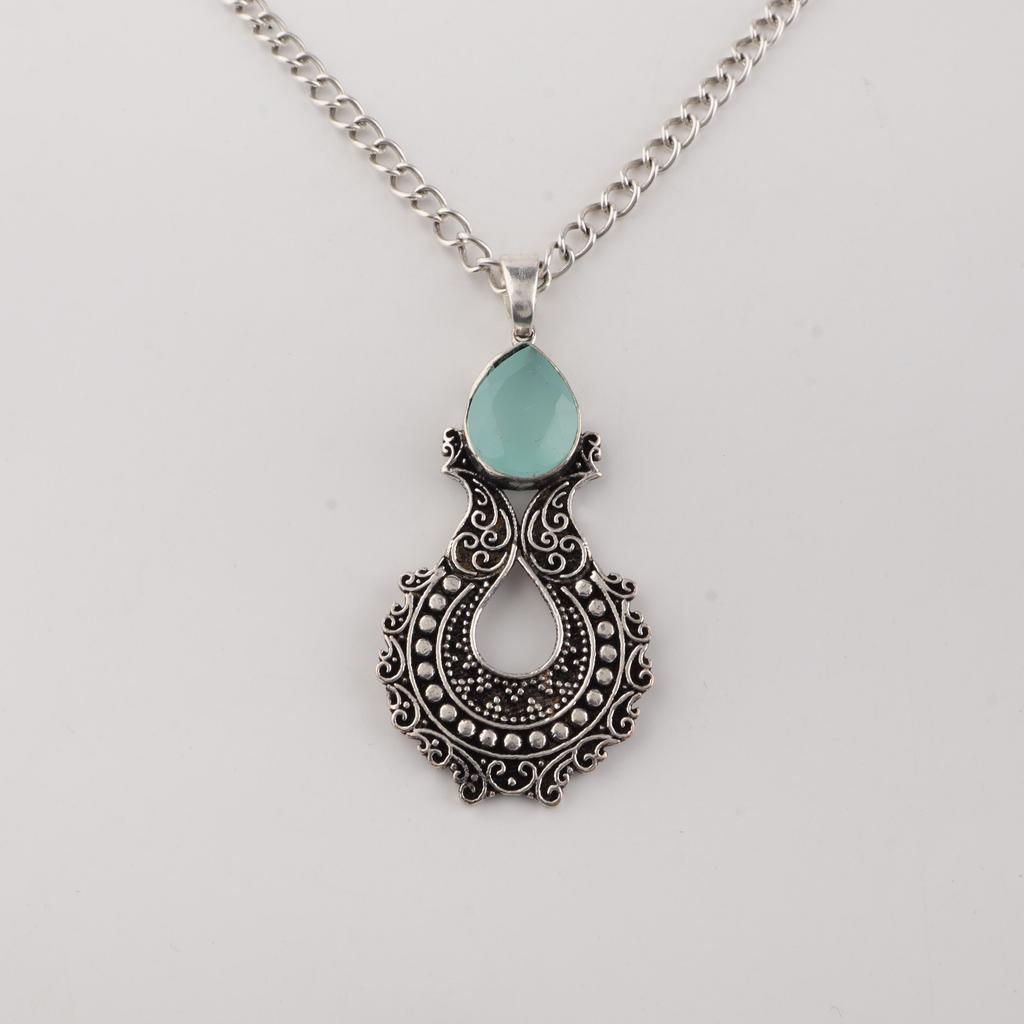Aqua Chalcedony Gemstone 925 Sterling Silver Jewelry Partywear Pendant 1.8" For Women CP-45-20