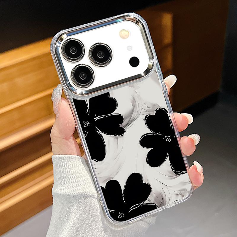 Pink Peony Floral Pattern Case For iPhone 17 Pro Max Plating Lens Frame Clear Soft Cover For iPhone 16 15 14 13 Pro Max 11 16E 17E