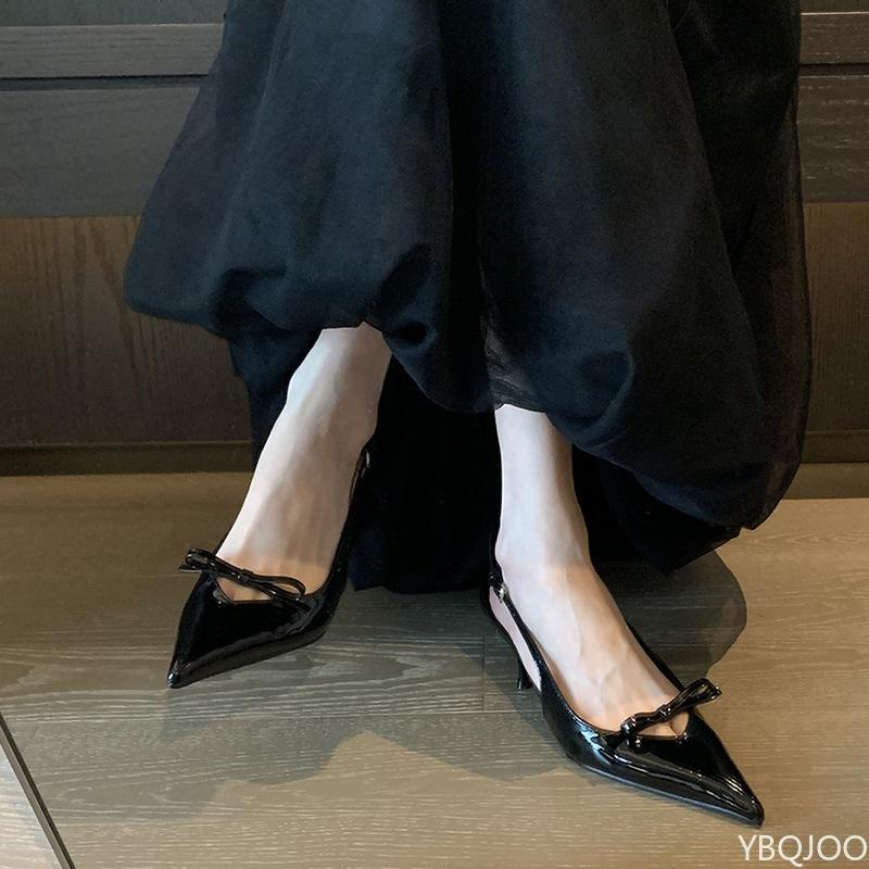 Fashion 2025 Ladies French New Summer Sandals Pointed Patent Leather Mid-heel Sandals for Women Retro Skinny Heel Back Empty Shoes Mujer