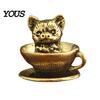 Unique Gifts for Cat Lovers Miniature Teacup Statue, Cute Brass Dog Figurine, Artistic Home Office Desk Decor Collectable Animal DIY Craft,